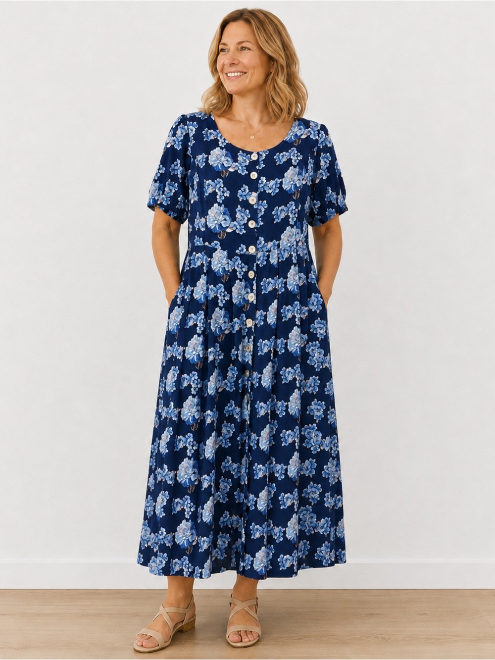 Von Landen by Ulla Popken Linen Blend Floral Maxi Dress Womens 20/22 Cottagecore